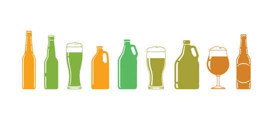 Flat vector graphics of beer bottles, glasses, and mugs. An alcoholic drink. These elements are suitable for a brewery's promotional poster or banner.