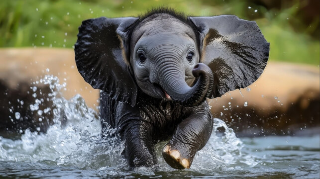Cute Baby Elephant Playing In The Water