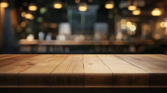 Empty wooden table top with lights bokeh on blur restaurant background