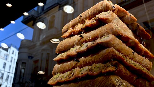 Istanbul,turkey,august 13, 2025. Traditional turkish kadayıf baklava dessert stacked in a pyramid shape, displayed in a pastry shop window with city buildings reflected