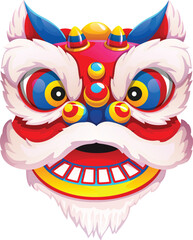 Fototapeta premium Chinese Lunar New Year cute Guangdong lion. Cartoon lion dance head with smiling face, expressive eyes, and festive red and white colors. Festive vector mask for traditional Barongsai performance