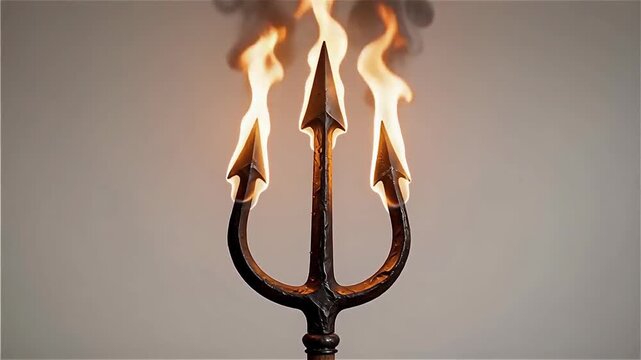 A burning trident with flames emanating from its three prongs against a neutral background, creating an intense and dramatic atmosphere