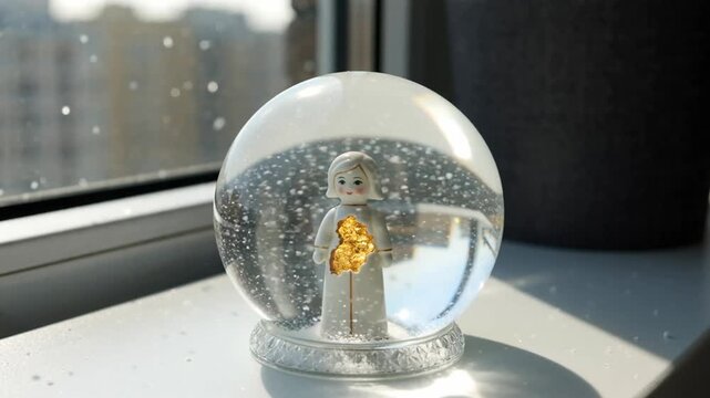 A charming snow globe featuring a figurine holding a gold star, surrounded by glimmering snowflakes, illuminated by soft natural light