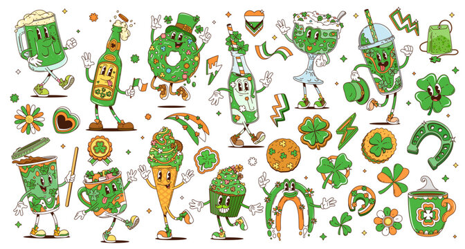 Cartoon groovy hippie Saint Patrick's day sweets and drinks characters. Vector set of food and beverage personages. Beer mugs, bottles, desserts and coffee cups, with shamrock clover Irish and symbols