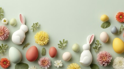 Obraz premium Easter celebration with decorated eggs, flowers, and bunny figures on pastel background