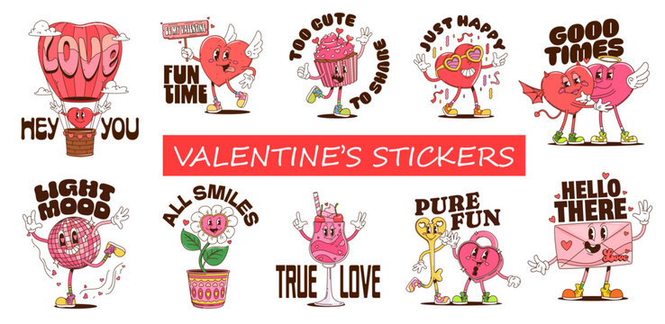 Happy Valentine's day y2k groovy characters hippie stickers and labels. Vibrant hearts, pink cupcake, dancing disco ball, daisy, cocktail, key and lock. Trippy vector stickers for decorating gifts