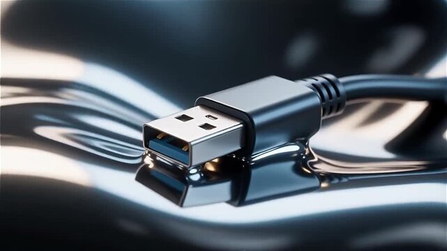 Close-up of a black USB cable resting on a glossy surface with reflections highlighting its sleek design