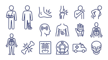 Fototapeta premium Medical injuries, pain, diagnosis and skeletal system line icons set