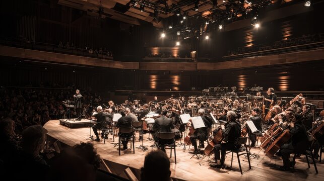 Symphony orchestra performs on stage with conductor leading the musicians in a concert hall during evening hours