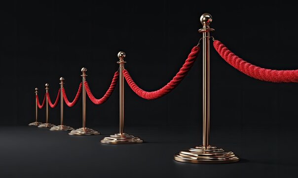 Elegant, gold stanchions with red velvet rope, creating a glamorous barrier against a black backdrop