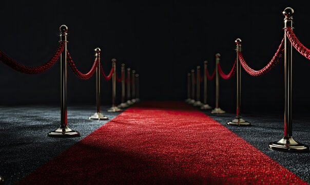 Long red carpet with gold stanchions against a dark background, leading towards the light