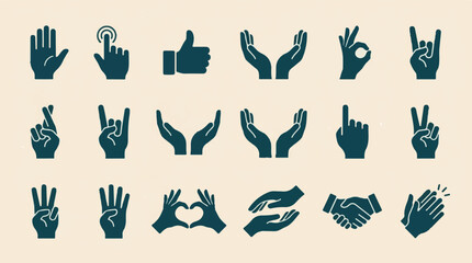 Collection of diverse hand gestures, signs, and communication icons