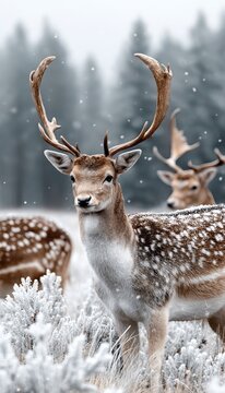 Majestic Fallo Deer Stag Grazing in a Snowy Winter Forest, Surrounded by Its Herd in Tranquility
