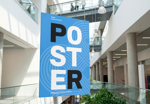 Large hanging banner in modern shopping mall mockup