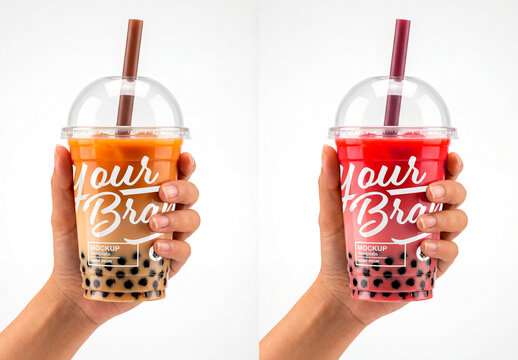 Hand holding bubble tea plastic cup mockup