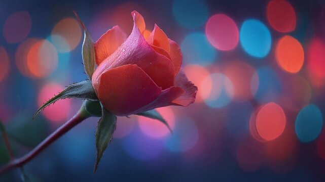 Close up of a red rose with water droplets and colorful bokeh background for romantic and nature themes