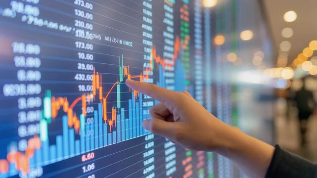 Close up of hand pointing at stock market data on digital screen with trading charts and financial analysis