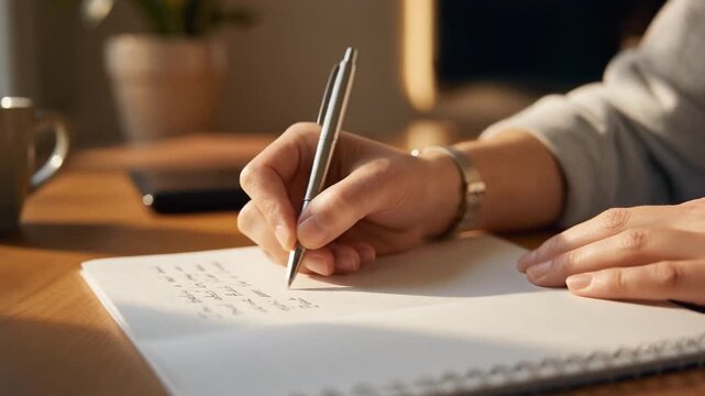 Close up of person writing notes on paper with pen in cozy home office setting with natural light