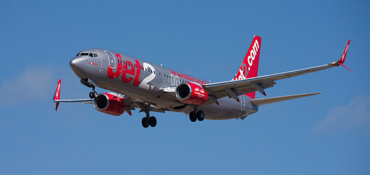 Tenerife, Spain February 6st, 2026. Boeing 737-8MG
 Jet2 Airlines flies in the blue sky. Landing at Tenerife Airport