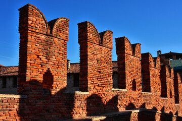 Medieval fortification. Typical ghibelline battlements from old Scaliger Bridge in Verona