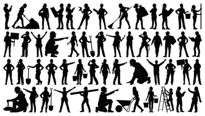 Obraz premium Female Construction Worker and Builder Silhouettes Collection in Various Working Poses Transparent Background