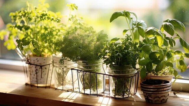 Fresh culinary herbs growing in mason jars, window herb garden, indoor gardening, kitchen countertop, natural light, organic produce, homegrown greens.