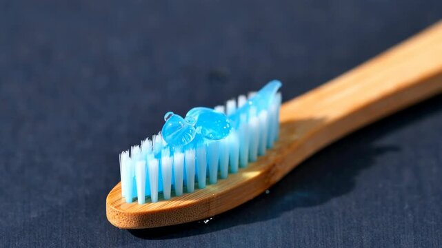 Close-up of a bamboo toothbrush with blue toothpaste being squeezed onto the bristles, emphasizing dental hygiene and sustainability