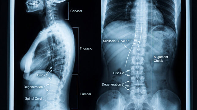 Detailed spinal x-ray showing scoliosis and degeneration