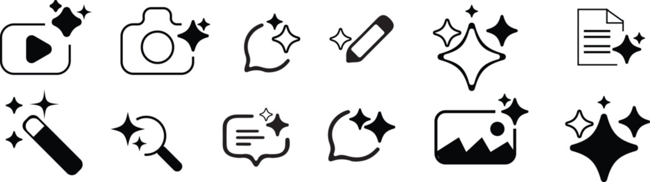 vector illustration of a set Generative AI logo icon set. Artificial intelligence icons. featuring search, edit, chat, photo, magic, sparkle, stars, prompt, AI, creative tools.