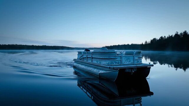 Tranquil pontoon boat drifting across calm lake waters during serene dawn with clear reflection