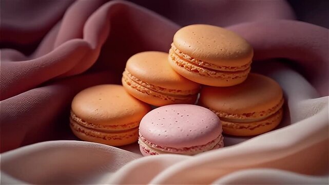 Close-up of colorful macarons arranged elegantly on soft fabric, featuring delicate textures and gentle lighting in a warm color palette