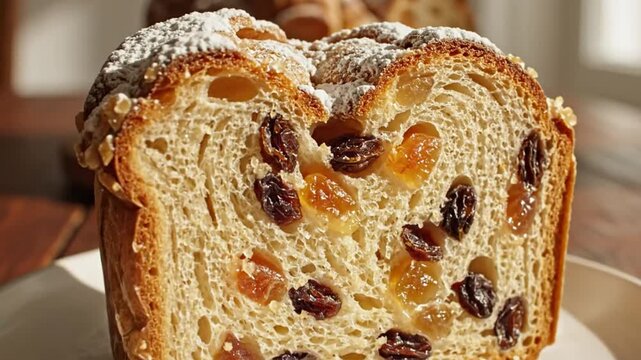 Close up of a slice of sweet bread with raisins and candied fruit dusted with powdered sugar, natural light.