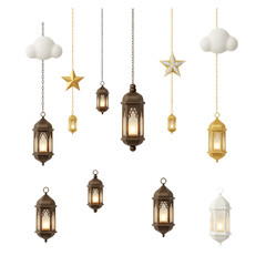 Obraz premium Vector illustration of a festive set of vintage lamps and golden holiday ornaments designed as hanging glass baubles for a seasonal Christmas celebration