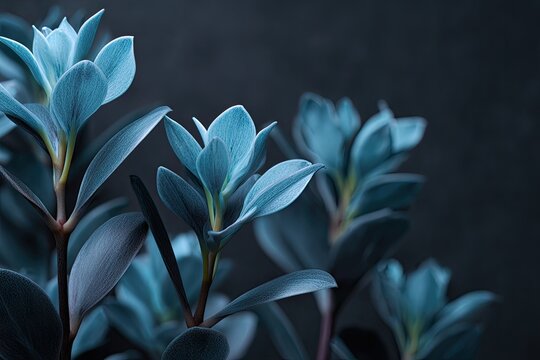 Close-up of delicate teal plant against a dark backdrop, creating a serene and moody aesthetic