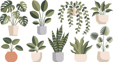 Potted Houseplants Flat Illustration Set with Indoor Greenery and Modern Home Decor © Universal Icons Lab