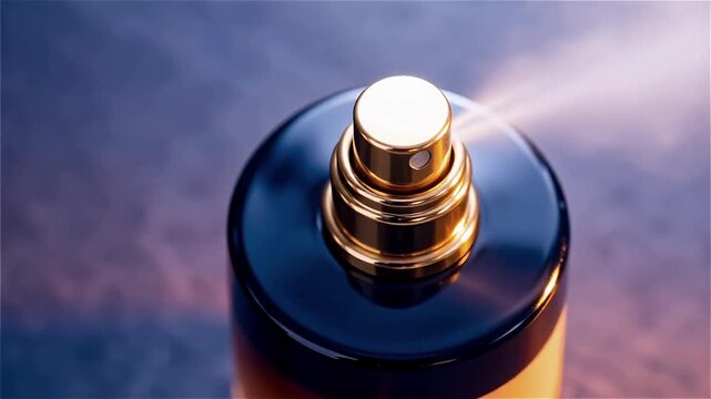 Close-up of a luxury perfume bottle with a fine mist spraying, set against a soft blurred background with warm lighting
