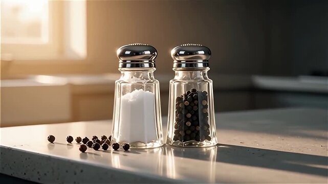 Close-up of salt and pepper shakers on a kitchen countertop with warm sunlight illuminating the scene, creating a cozy atmosphere