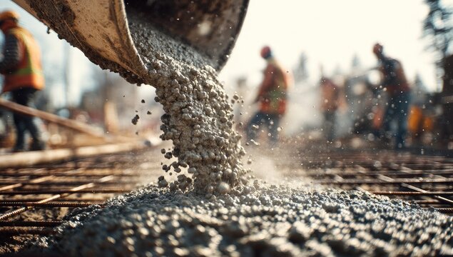 Close-up of concrete pouring from a chute onto rebar, with construction workers in background