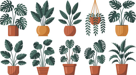 Indoor Houseplants Flat Illustration Set with Potted Tropical Plants and Home Decor © Universal Icons Lab