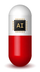 3D vector illustration of capsule pill with AI microchip symbolizing artificial intelligence, digital, health, future technology, ai, capsule, chip, technology, medical, innovation, futuristic
