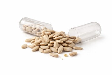 Peeled sunflower kernels spilling from transparent supplement capsule clean nutrition concept high key studio isolated on white