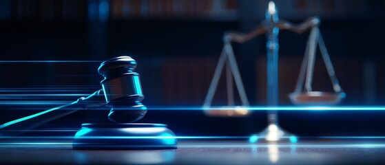 Justice system symbol with gavel and scales.