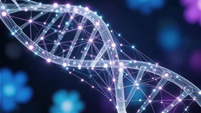Close-up of a translucent DNA double helix surrounded by colorful abstract shapes, representing genetics and biotechnology concepts