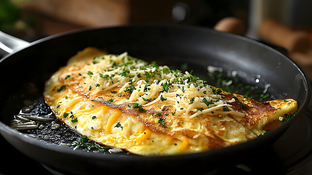 Egg and Cheese Omelet Cooking in Frying Pan