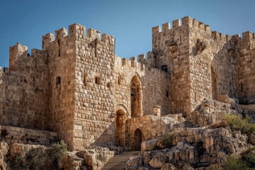 Fototapeta premium Ancient stone fortress with battlements under a clear blue sky