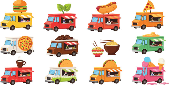 Vector collection of colorful street food trucks serving pizza, burgers, tacos, coffee, and ice cream.