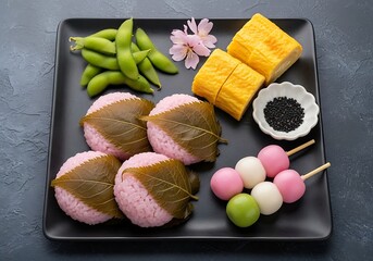 Traditional Japanese spring sweets assortment on black plate