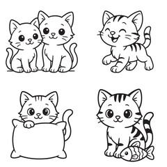 Fototapeta premium Two cute kittens, playful kitten, kitten with pillow, kitten with fish, outline vector