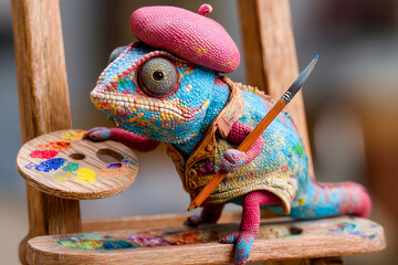 vibrant colorful chameleon artist wearing a beret and paint smock holding a palette in an art studio