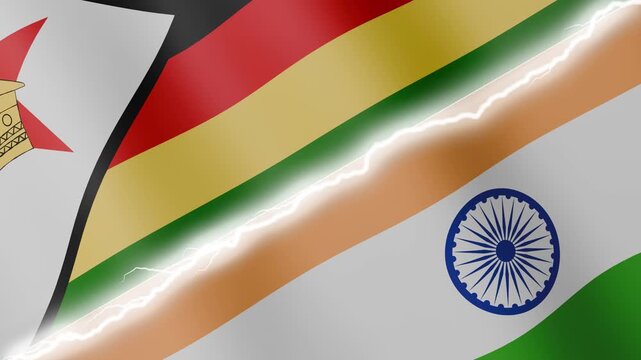 Two waving flags Zimbabwe and India with diagonal lightning seamless, 4k loop
